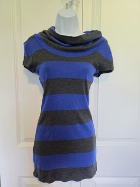 Express Blue and Charcoal Striped Cowl Neck Sweater